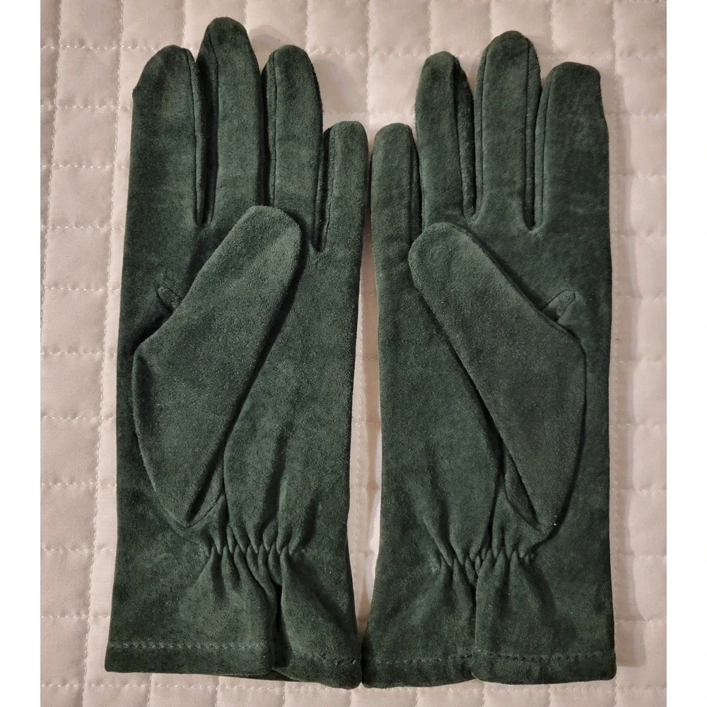 LL Bean Thinsulate Women M Winter Gloves Hunter Green Suede Nylon Cabincore Cozy